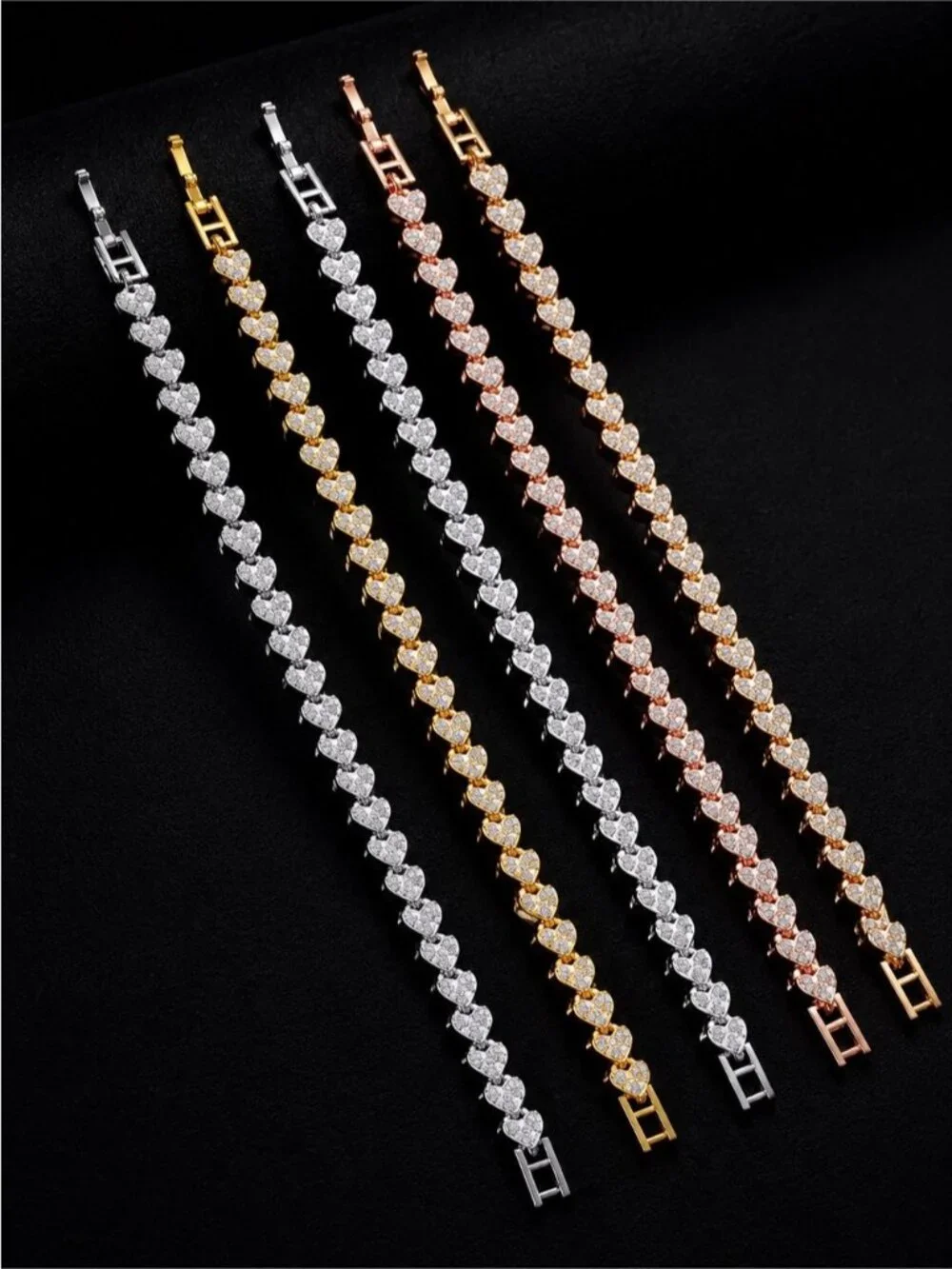 Gold color Heart Link Bracelet with Clear Stones